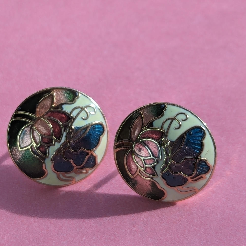 🦋 Cloisonne Round Earrings pierced Blue Red Nature Lovers